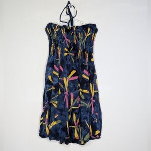 ✨3/$15 CYN By Cynthia Mehra Blue Colorful Dragonfly Tie Back Halter Dress OS